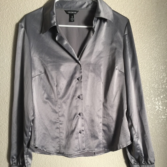 George Tops - Silver Satin Long Sleeve Blouse
